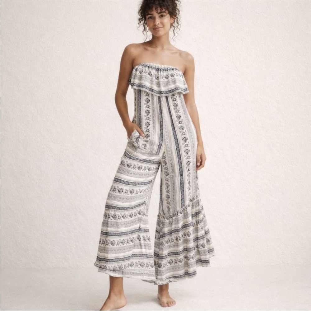 American Eagle Outfitters Patterned Strapless Wide Leg Ankle Crop Boho Romper S